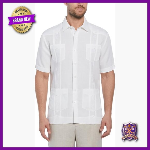 Short Sleeve Button Down Guayabera Shirt with Four Pockets Pintuck Embroidery